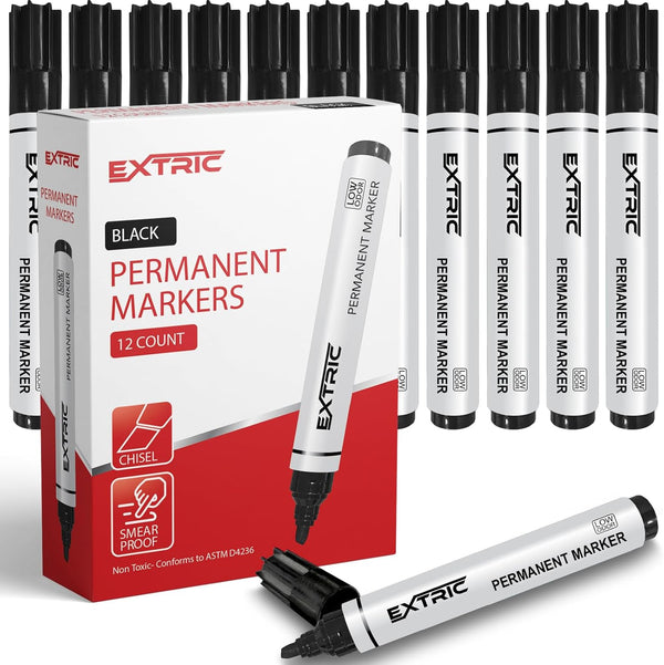 Permanent Markers, Chisel Tip, Black, 12 Count, Quick Drying Ink for Home, Office, School Use