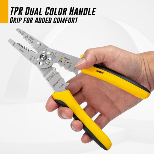 KATA 8 Inch Wire Cutter and Stripper, Cutting for 10-20 AWG Solid Wire, TPR Material Dual Color Handle, Yellow