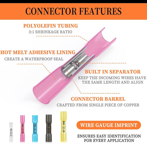 300PCS Heat Shrink Butt Connectors - Red 22-18 AWG, Insulated Waterproof Electrical Wire Connectors