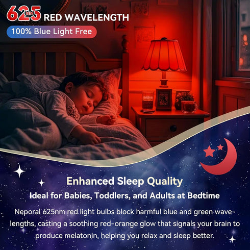625nm Bulbs 3W, 100% Bulbs A19 40W Bulb 6-Pack Neporal Red Light for Sleep Blue Light Blocking Light for Melatonin