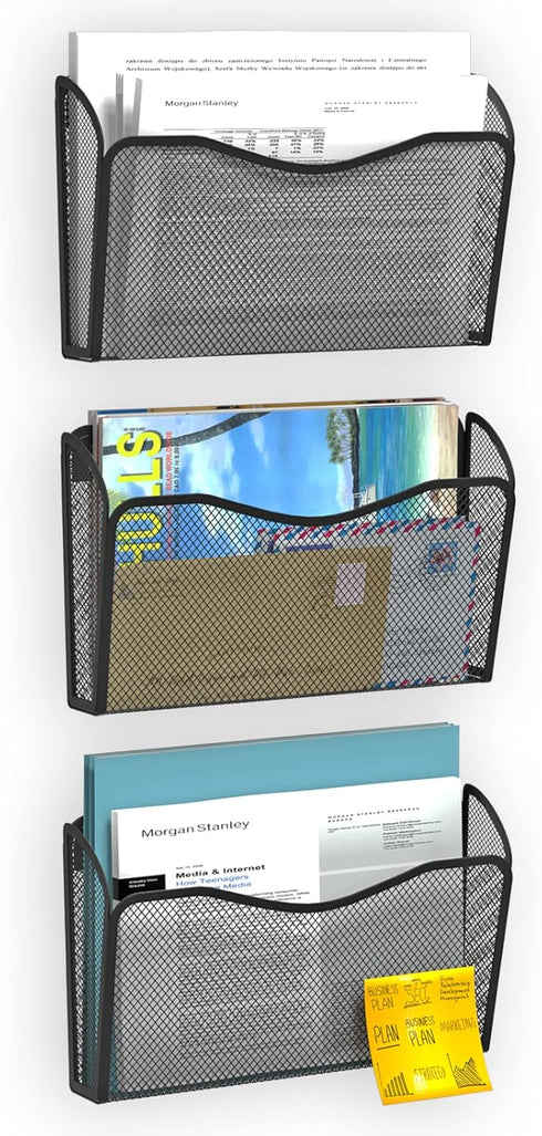 Wall File Organizer, Mesh Hanging File Organizer with 3 Single Pockets for Home Office Organization and Storage