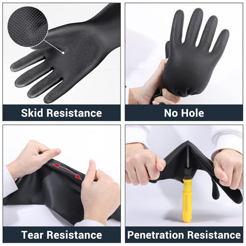 Thick Chemical Resistant Rubber Gloves - Waterproof Heavy Duty Cleaning Gloves, 18" Black Safety Work Gloves, XL