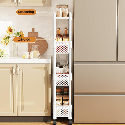 4 Slim Rolling Storage Cart for Small Space, Tier White Utility Cart Shelves Organizer, Plastic Storage Cart on Wheels
