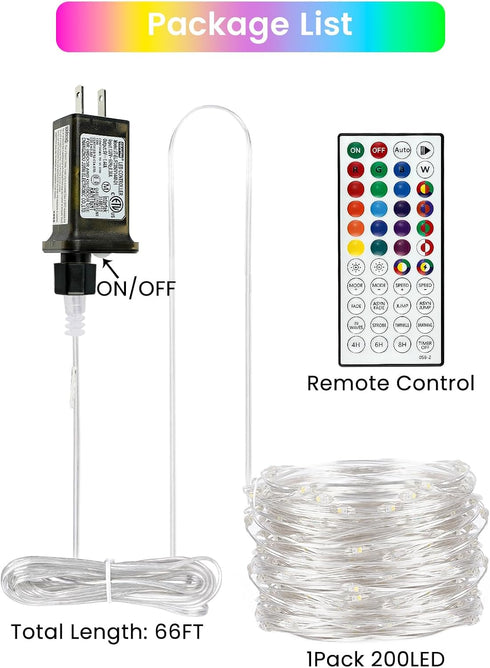 66Ft 200 4th 24 LED RGB Color Changing of July Fairy Lights Plug in, Waterproof String Lights with Remote for Outdoor