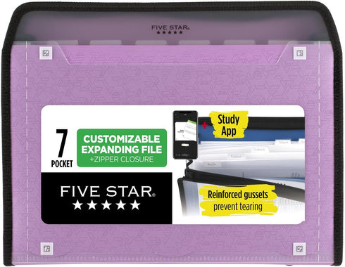 Five Star Expanding File Organizer + Study App, 7-Pocket Accordion File Organizer, Amethyst Purple, Zipper Closure,