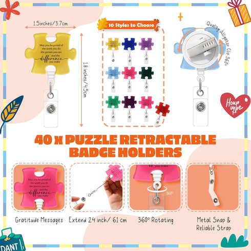ReliThick 40 Set Employee Appreciation Gifts Bulk, Puzzle Badge Reel with Thank You Cards, Retractable ID Badge Holder