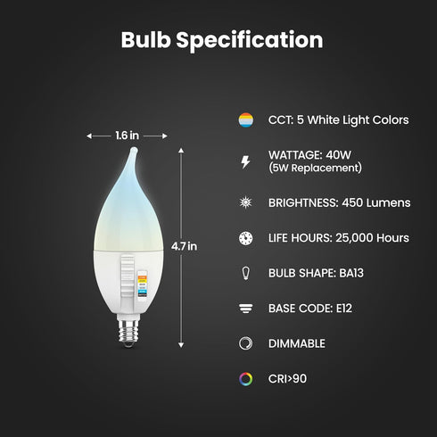CA10 Bulb 40W Dimmable, 6-Way, 5CCT, E12 90 450 Bulb, 22-Year CFF40/6WYCA/2, 2 Pack Feit Electric LED Candle Flame Tip
