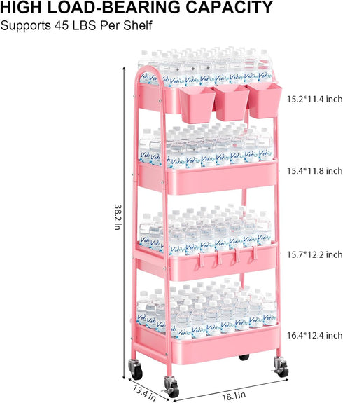 Recximi 4 Tier Rolling Cart Metal with Lockable Wheels, Four Tiered Pink Trolley Cart on Wheels, Utility Storage