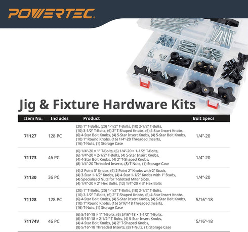 POWERTEC 71070 T Track Knob Kit, 12 Piece Set with 5 Star Knob, 1/4-20 Threaded Bolts, Washers, T Track Accessories