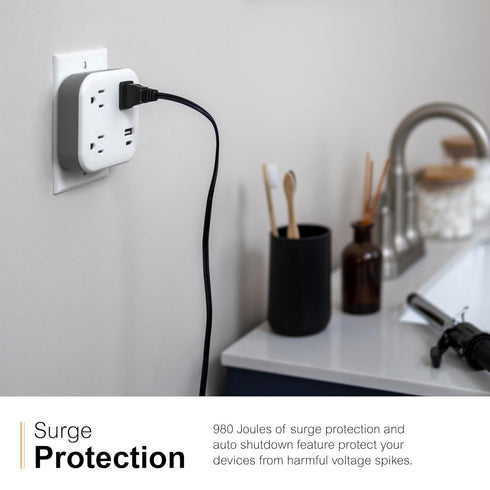 GE UltraPro 3-Outlet Surge Tap with USB, Outlet Extender, 1 USB-A, 1 USB-C, Adapter Spaced for Home or Office