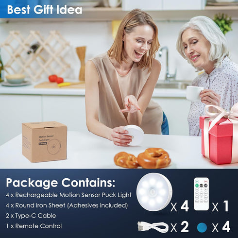 Dimmable Closet 4-Pack Motion Sensor Puck Light with Remote, Wireless Under Cabinet Lights, Rechargeable Magnetic