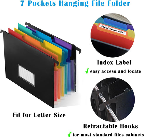TRANBO 2-in-1 Expanding Hanging File Folders, 7 Pockets, Extra Capacity Accordion Organizer, Letter Size - 6 Pack