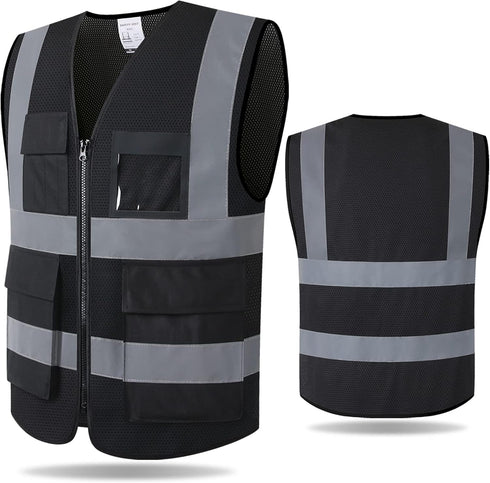 Reflective Safety Vest for Men Women - 8 Pockets and Zipper High Visibility Mesh Construction Work Vest (KZ170-Black,