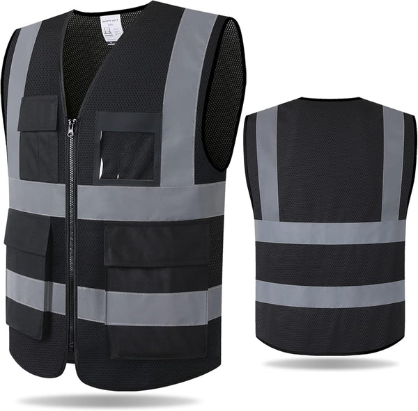 Reflective Safety Vest for Men Women - 8 Pockets and Zipper High Visibility Mesh Construction Work Vest (KZ170-Black,