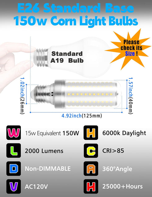 E26/E27 LED Bulb, 150W Equivalent, 2000 Lumen, 6000K Daylight White, 15W Ceiling Fan LED Light Bulb, Pack of 1