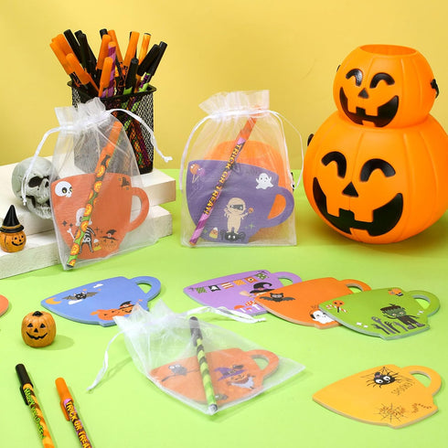 Lincia 72 Pcs Halloween Sticky Note and Ballpoint Pens Set, bulk pumpkin ghost cat weird notepad, Halloween pens,
