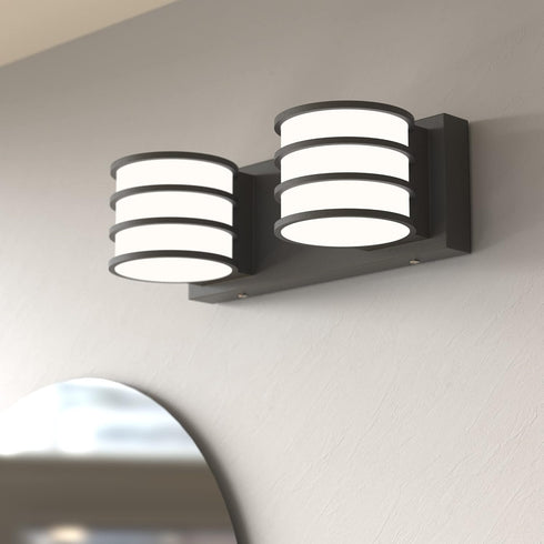12.6 Inch 2-Light 6000K LED Bathroom Vanity Light - Black Fixture with White Acrylic Shades, Cool White, Mirror