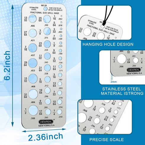 Drill Gauge, Stainless Steel Drill Bit Size Gauge for 1/16'' to 1/2'' Hole Measurement Tool