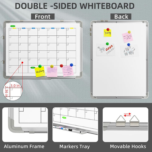 Large Dry Erase Calendar Whiteboard for Wall, Polegas 24" X 18" Magnetic Double Sided Calendar for Home School Office