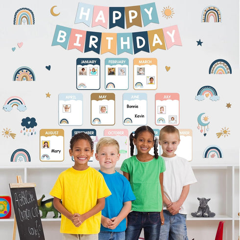 Happy Birthday Bulletin Board Decoration, Rainbow Classroom Birthday Cutouts Chart Poster for Wall Decor