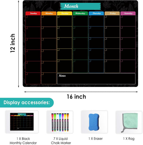 MaxGear Monthly Black Magnetic Calendar for Refrigerator, 16" X 12" Dry Erase Calendar with Markers and Eraser