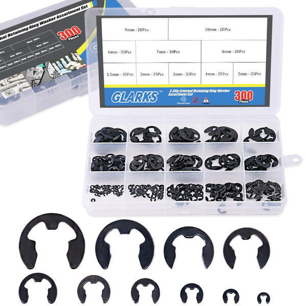 Glarks 300-Pieces Black Alloy Steel E-Clip External Retaining Ring Washer Assortment Set
