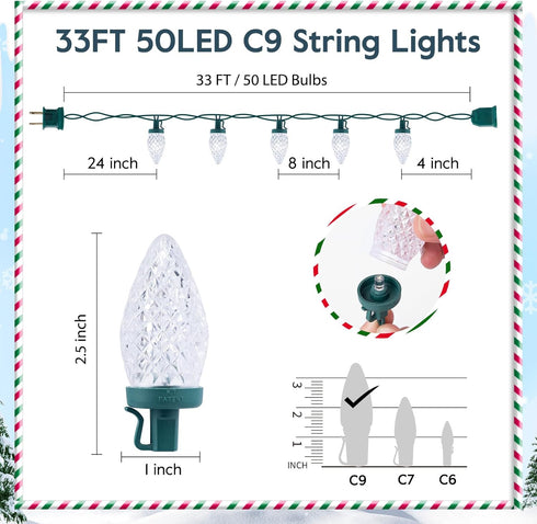 C9 33ft 50 Brightown LED Christmas String Lights, LED Waterproof Strawberry String Lights, Plug-in Extendable Green
