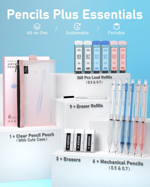 Four Candies Mechanical Pencil Set with Case, 6PCS Aesthetic Mechanical Pencils 0.5 & 0.7mm with 360PCS HB Lead Refills, 3PCS Erasers, 9PCS Eraser Refills for writing, drawing and sketching by Four Candies