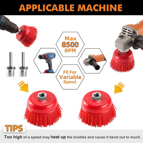 4 Inch 2 Pack, 4 Set 5/8"-11 1/4" 8500 POLIWELL Nylon Filament Brush Abrasive Bristle Cup Brush Thread, Arbor Max RPM