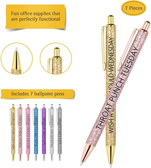 AUAUY Funny Pens, Seven Days of The Week Describing Mentality, Spoof Fun Swear Word Pens for Each Day, Fun Ballpoint