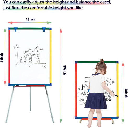 Magnetic Easel for Kids, Height Adjustable Dry-Erase Board and Whiteboard, Perfect for Art Activities, 24-39" Flipchart
