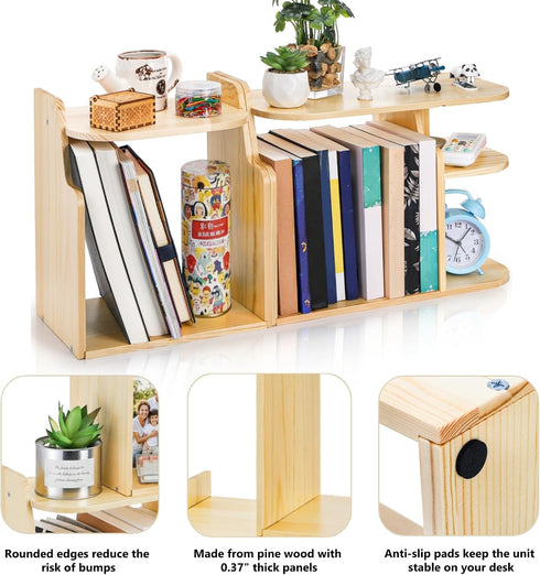Desk Shelf Organizer, Adjustable Wood Desktop Organizers, Office Storage Rack, Small Tabletop Bookshelf, Freestanding
