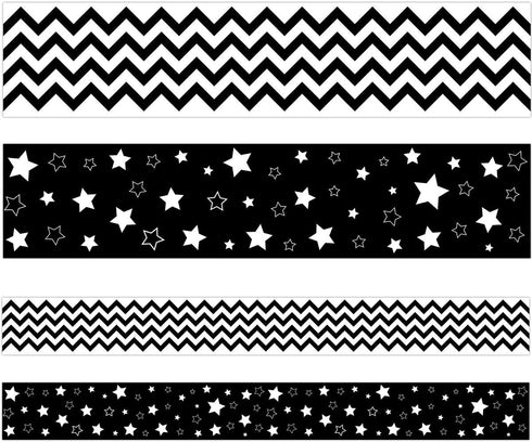 Black and White Chevron Bulletin Board Borders, Double-Sided Star Straight Border Trim for Classroom Decoration (36ft)