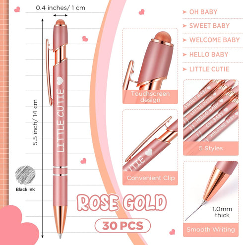 PerKoop 30 Pcs Baby Shower Pens Favors, Bulk Rose Gold Ballpoint Retractable Gel Ink Pens for Guests Gifts
