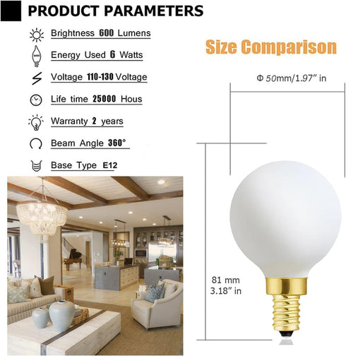 XININSUN G16.5 bulb,e12 Bulb 60 watt,6W Bulbs,Milky Bulb,Dimmable,6W 3000K 600lm,6Pack Frosted globe light Round