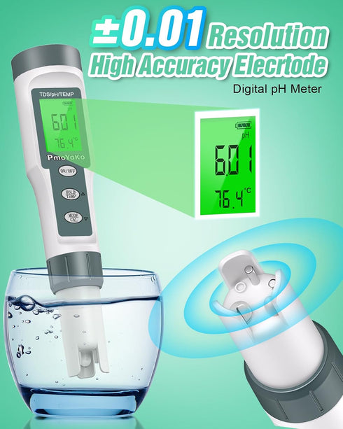 3-in-1 0.01 0-14 pH Meter, TDS Meter Digital Water Tester with High Precision, Water Tester for Drinking Water with pH