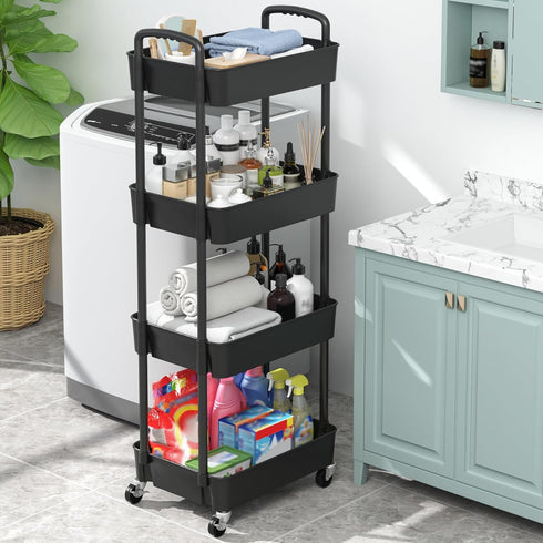 4-Tier Sywhitta Plastic Rolling Utility Cart with Handle, Multi-Functional Storage Trolley for Office, Living Room