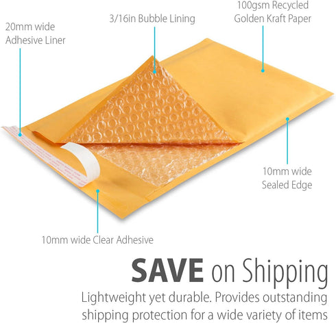 Fosmon #0 Extra Wide Kraft Bubble Mailer, 6.5x10 (100 Pack), Padded Shipping Mailing Envelopes for Gifts