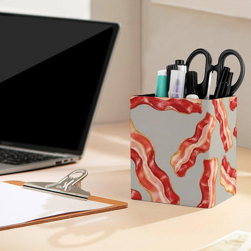 Meaudiwes Leather Pen Holder Stand Square Pencil Cup Desktop Stationery Organizer Food Bacon