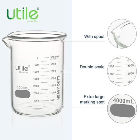 Utile Beaker Set, 1pc Low Form Heavy Duty Glass Beaker, 4000mL, Borosilicate 3.3 Glass