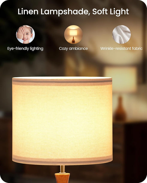 E26 LW09TL05 Small Table Lamp, Wood Bedside Lamp with White Linen Lampshade & Dark Wood Base, Mid Century Modern