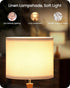 E26 LW09TL05 Small Table Lamp, Wood Bedside Lamp with White Linen Lampshade & Dark Wood Base, Mid Century Modern