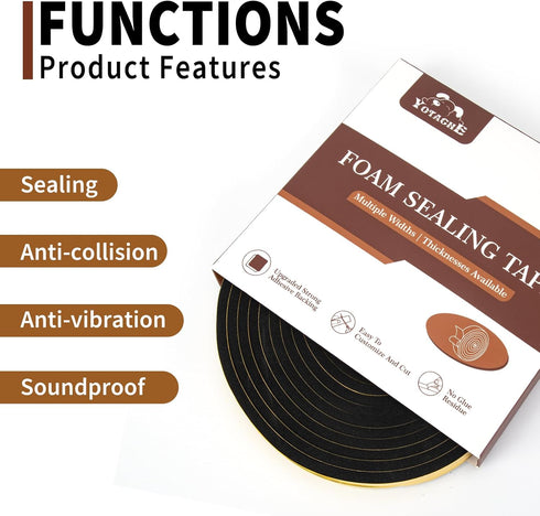 Yotache Foam Seal Tape, 3 Rolls, 3/8" W X 1/8" T, High Density Adhesive Weather Stripping Seal for Door & Window, 50 Ft