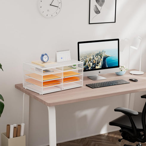 Marbrasse 4 Tier White Desktop Literature Organizer - Mesh Paper Organizer Desk Organizers for Office, Home, School
