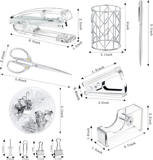 Office Desk Accessories Set - Acrylic Stapler Set with Staple Remover, Tape Holder, Pen Holder, Clips, and Staples
