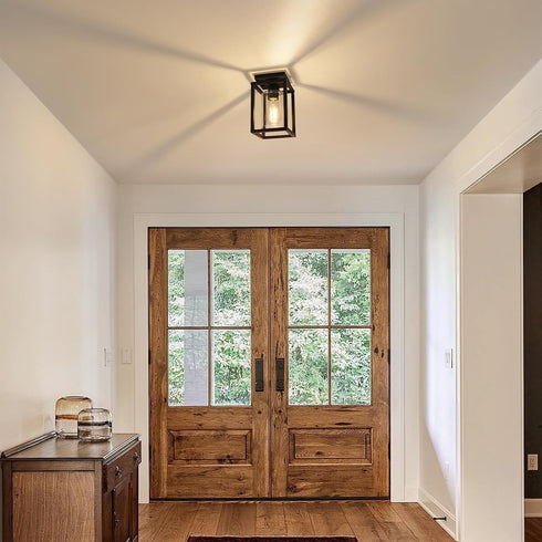E26 Baocuz Semi Flush Mount Ceiling Light Fixture, Black Metal Frame Porch Ceiling Light Fixture with Clear Glass Shade
