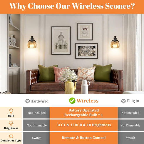 15 VerRon Rechargeable Battery Operated Wall Sconce with Amber Glass Lampshade, Wireless Wall Scone Decor with Remote