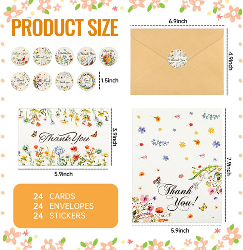 ROLYTA 24 Pack Floral Thank You Cards with Envelopes, Blank Inside Wildflower Note Cards with Stickers for Wedding