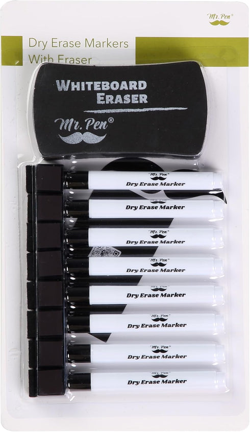 Mr. Pen Magnetic Dry Erase Markers, 8 Pack with 1 Eraser, Fine Tip Black Dry Erase Markers with Magnet