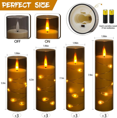 Set 12 Da by Flameless Candles with Recessed String Light, Battery Operated Candles, Acrylic LED Pillar Candles